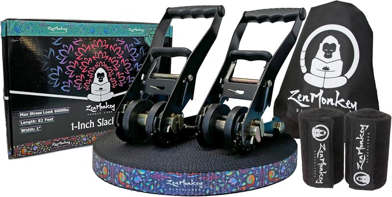ZenMonkey Slacklines ZenMonkey 1" Slackline Kit with Dual Ratchet System, Two-Tone Webbing, 82ft Length, Tree Protectors and Carry Bag - Image 1